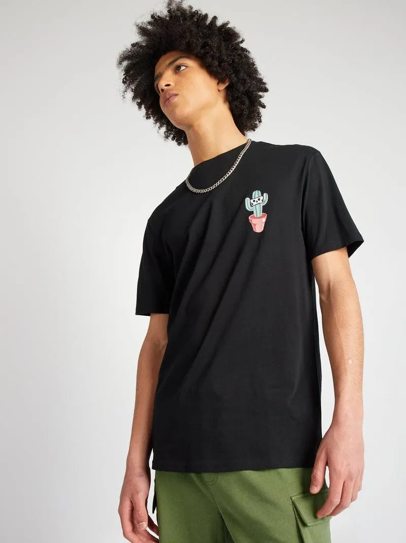 T-shirt em jersey de gola redonda - PRETO