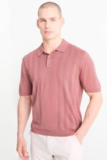 Knitted polo shirt with linen content - textured
