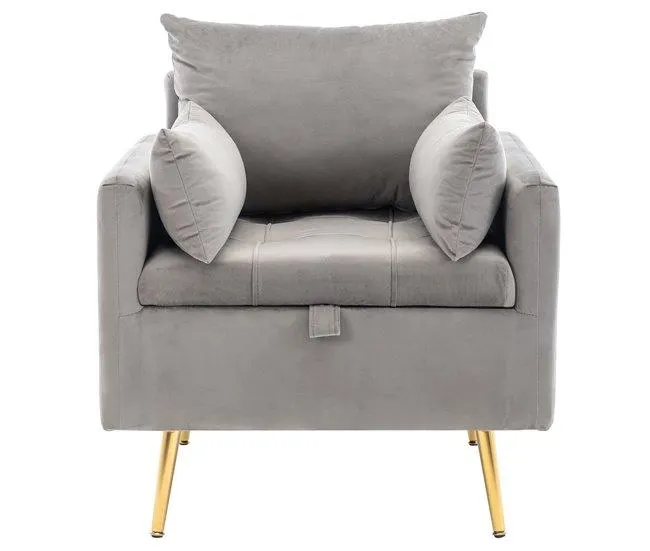 Cadeirão em tecido de veludo com arrumação e almofada - pernas em metal dourado - Cinzento
