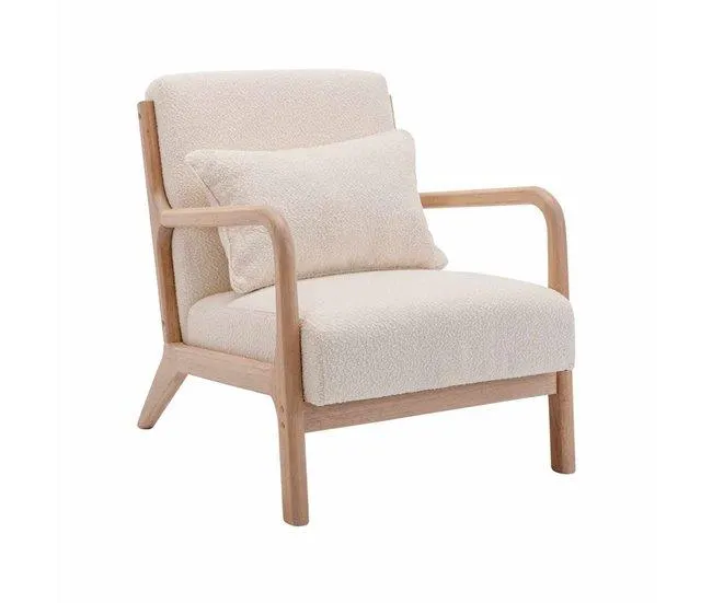 Cadeira de braços escandinava em madeira e tecido boucle, Lorens, Beige, 65x80x79 cm