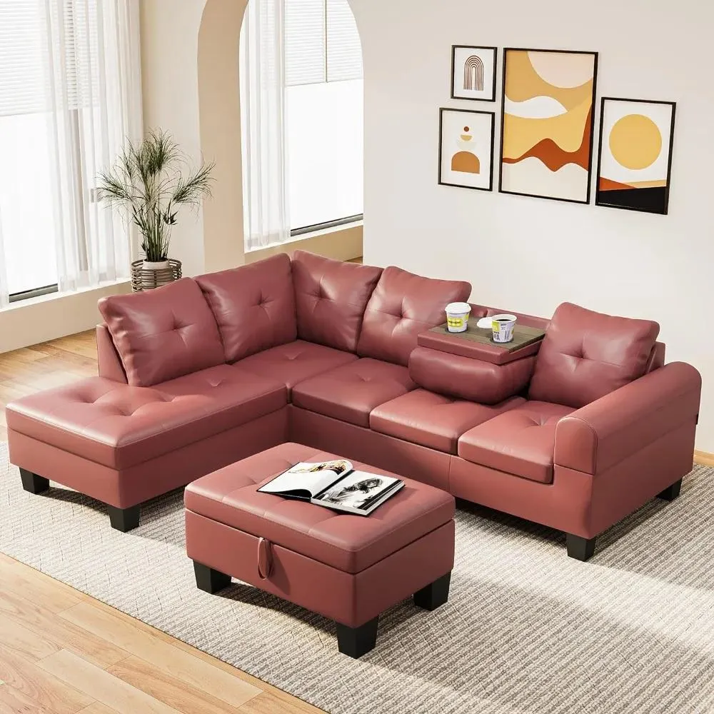 Living Room Furniture Sofa Sets,Red Sectional Sofa Couch Set w/Ottoman &Chaise,Upholstered L Shape Modular Sofa Couch