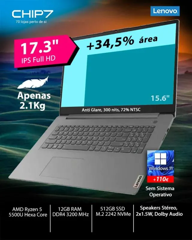 PORTÁTIL LENOVO - AMD RYZEN 5 5500U / 12GB RAM / 512GB SSD / 17.3” / S/SO – IDEAPAD 3 17ALC6