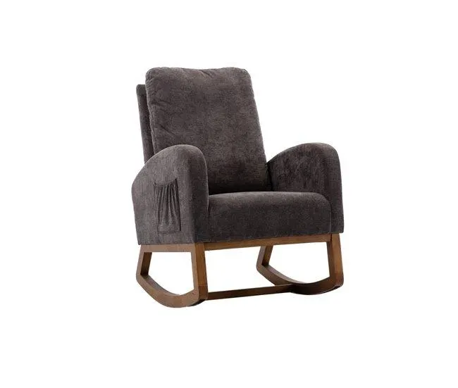 Cadeira de balanço de pelúcia marrom estilo teddy com almofada arredondada, poltrona relax para a sala, estrutura de madeira maciça, 70 x 94 x 101 cm