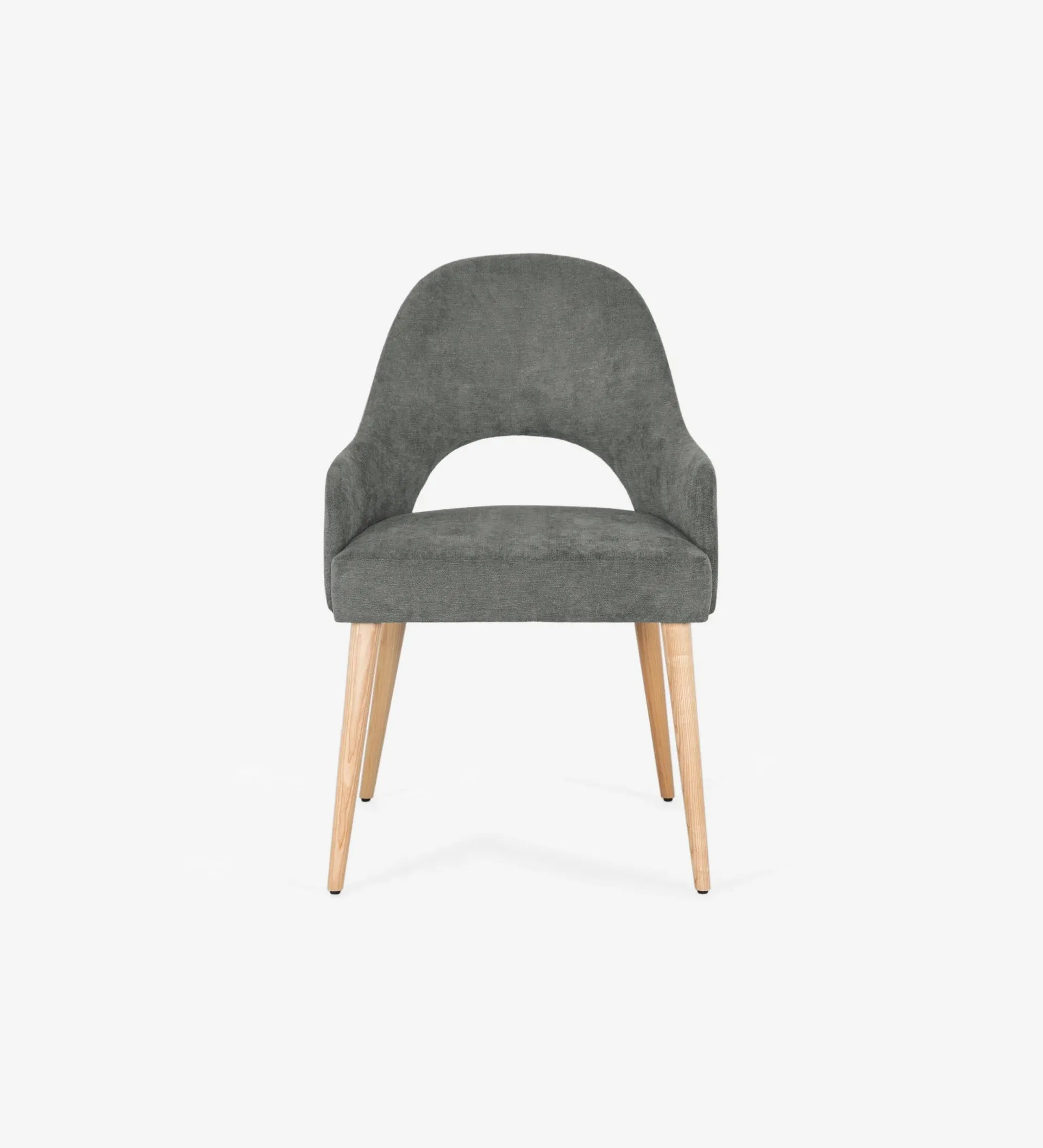 Cadeira Paris com braços, estofada a tecido verde, pés em madeira cor natural.