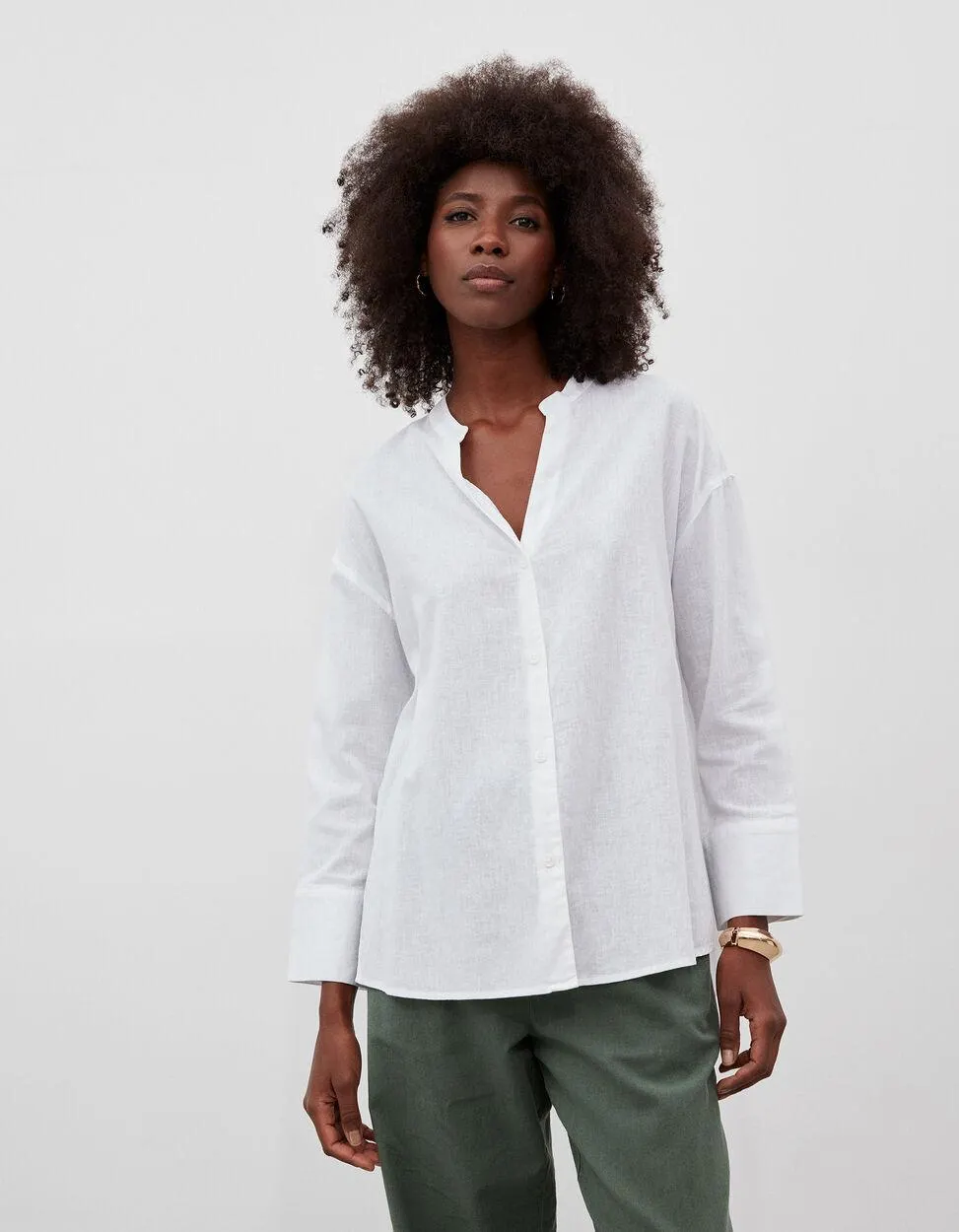 Blusa Gola Mandarim Mistura de Linho, Mulher, Branco
