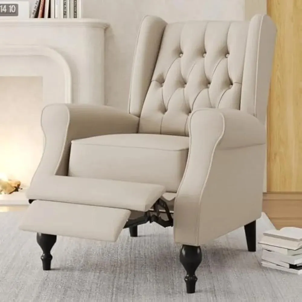 Accent Chair Recliner for Living Room, Tufted Wing Back chair with Arms, Recliner Chairs for Adults, Wooden Legs, Fabric, Beige