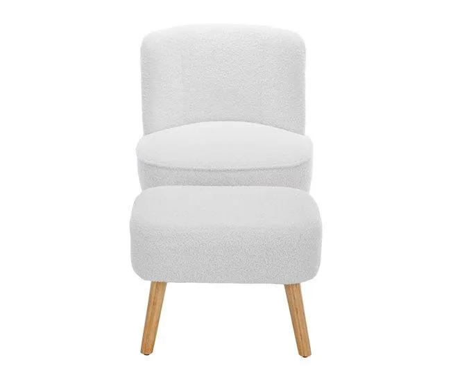 Cadeirão com apoio para os pés - em sherpa - pernas em madeira maciça - Branco