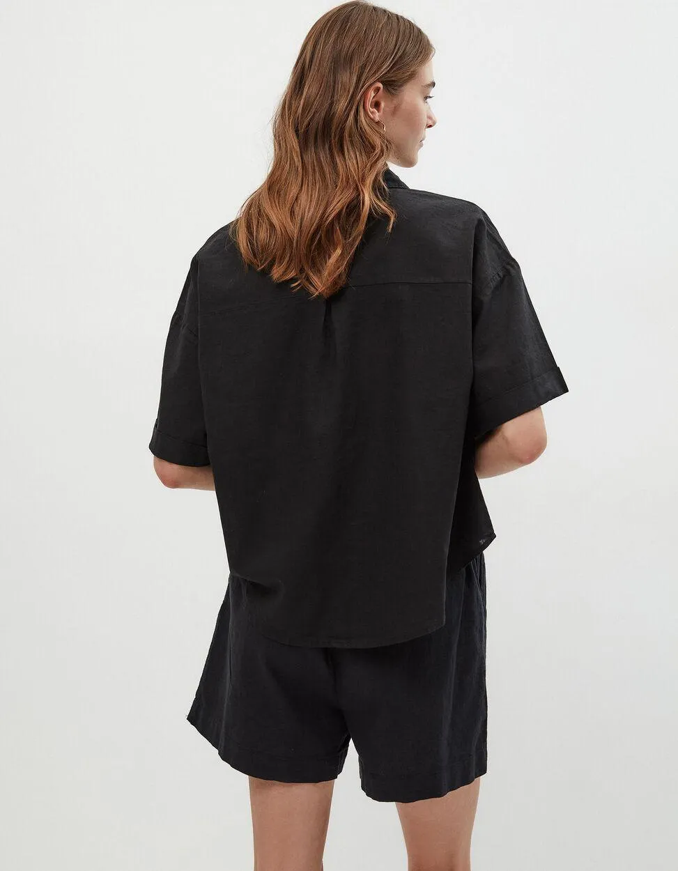 Camisa de Manga Curta Mistura de Linho, Mulher, Preto