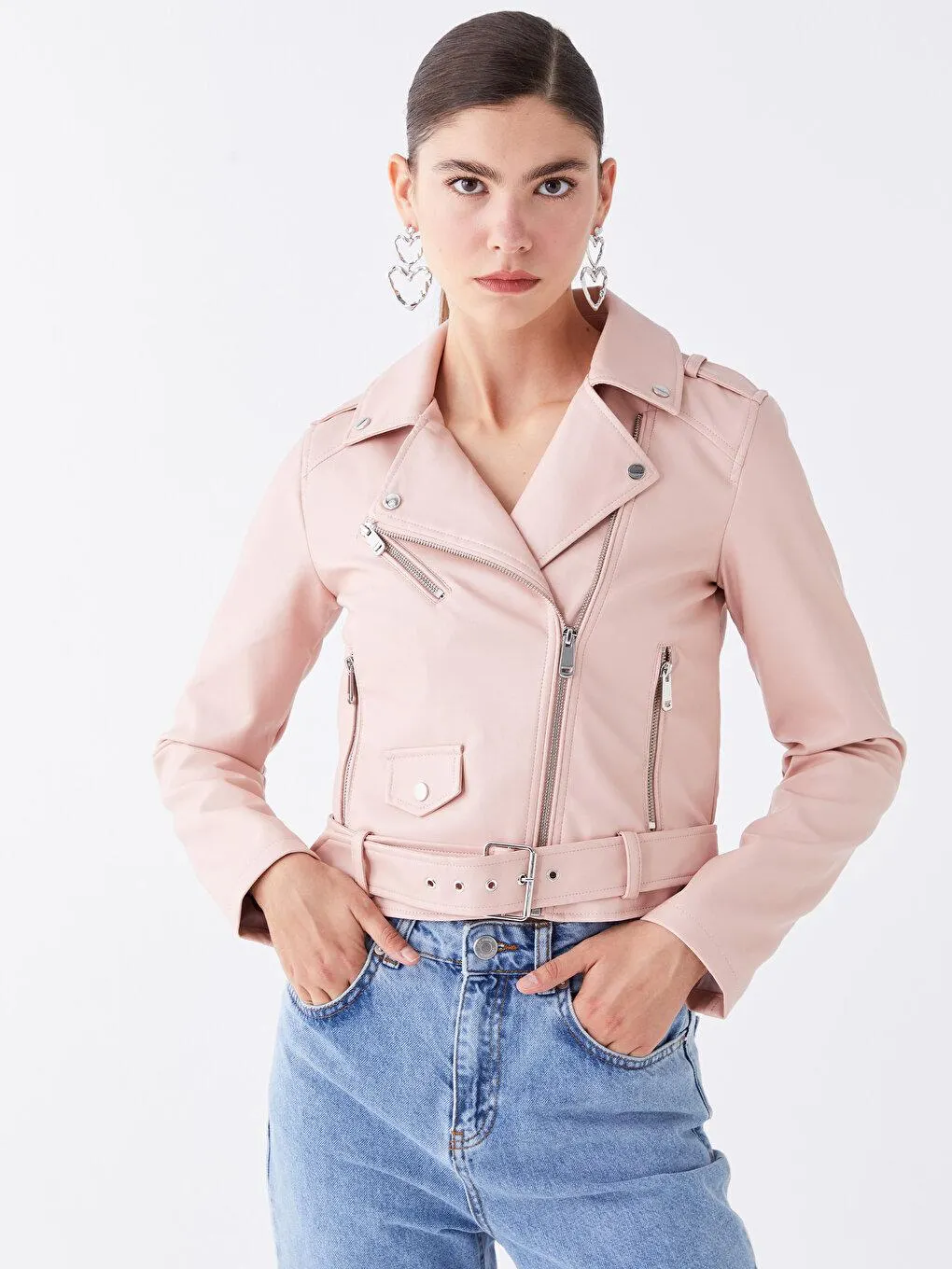 Palton Pentru Femei ,Cu Aspect De Piele,Cu Mânecă Lungă Şi Cu Guler Biker