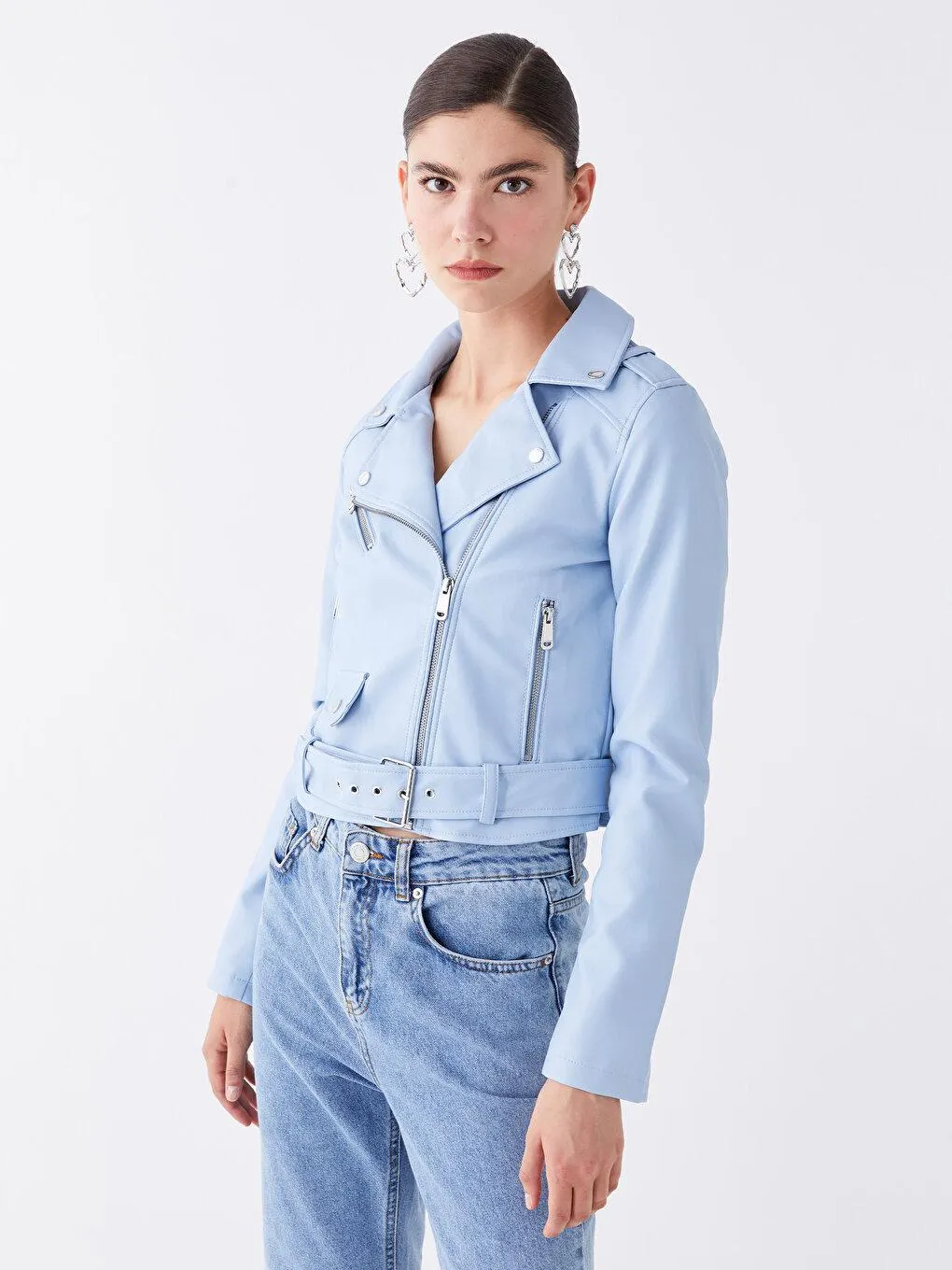 Palton Pentru Femei ,Cu Aspect De Piele,Cu Mânecă Lungă Şi Cu Guler Biker