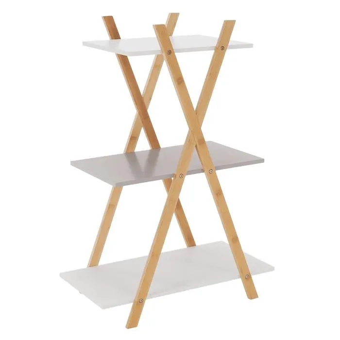 Etajera Harun, MDF + bambus, gri + alb + bambus, 60 x 33 x 86 cm, 1C