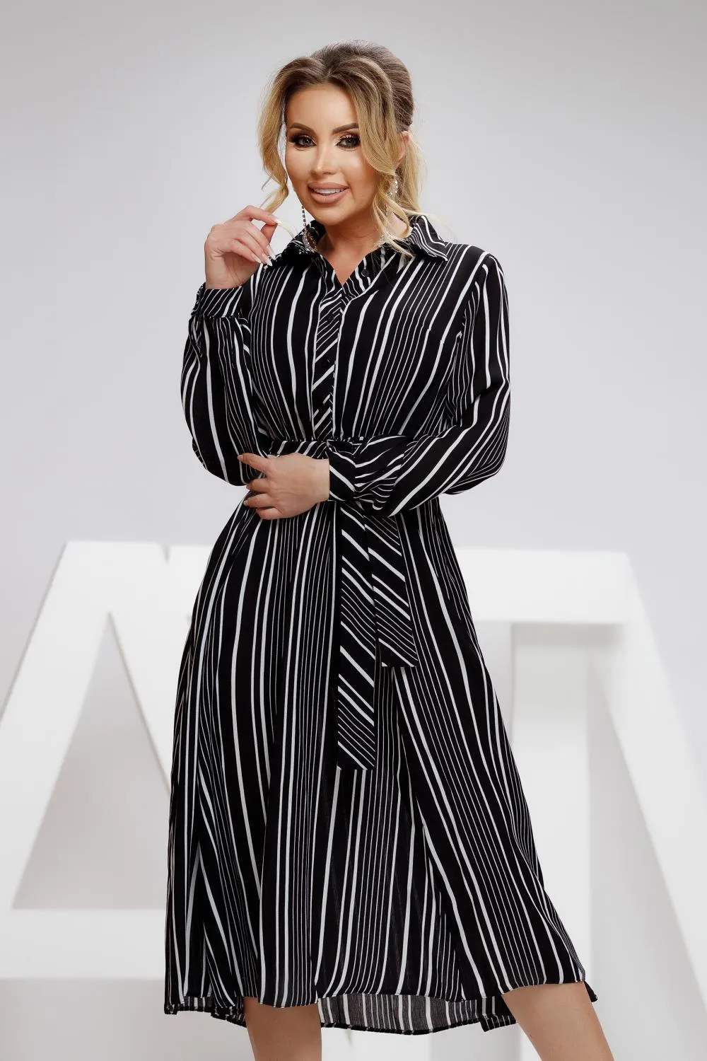 Rochie midi voal cu dungi Rn 2552