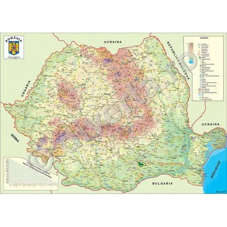 ROMANIA, harta de perete turistica, 70x100cm, laminata, baghete