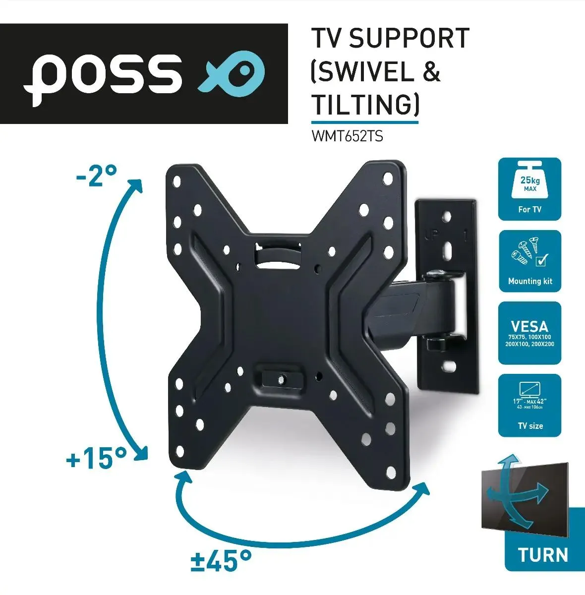 Suport perete TV Poss WMT652TS, 17-42 inch, 43-106 cm, max 25 Kg, Negru