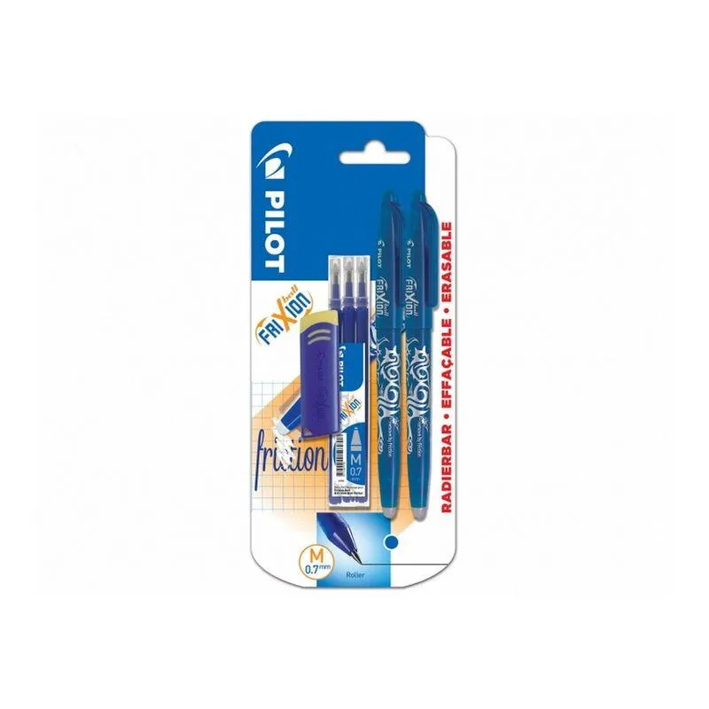 Set Doua Rollere Pilot Frixion Ball 0.7 Mm Albastru, 3 Rezerve Frixion Albastre Si Radiera Pilot