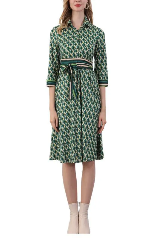 Rochie midi de zi cu cordon imprimeu verde