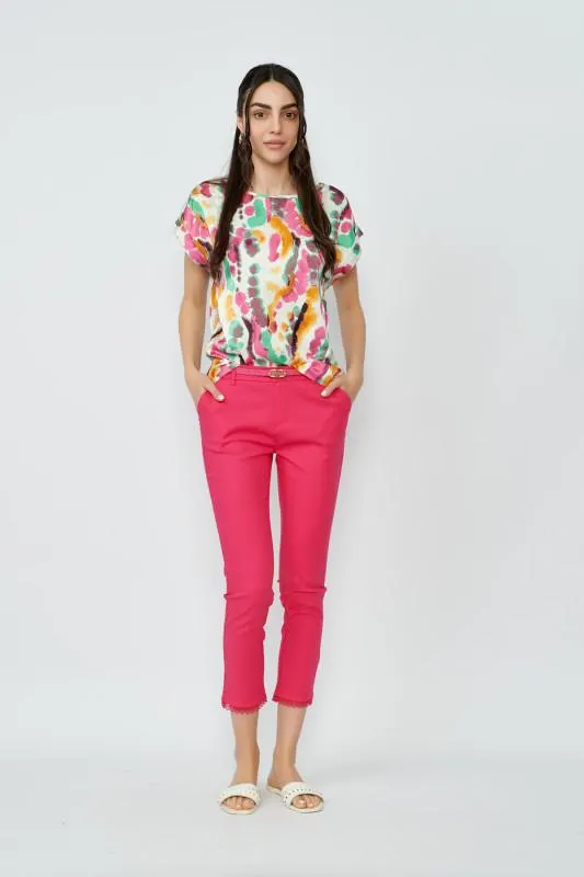 Pantaloni de dama din bumbac ciclame cu dantela