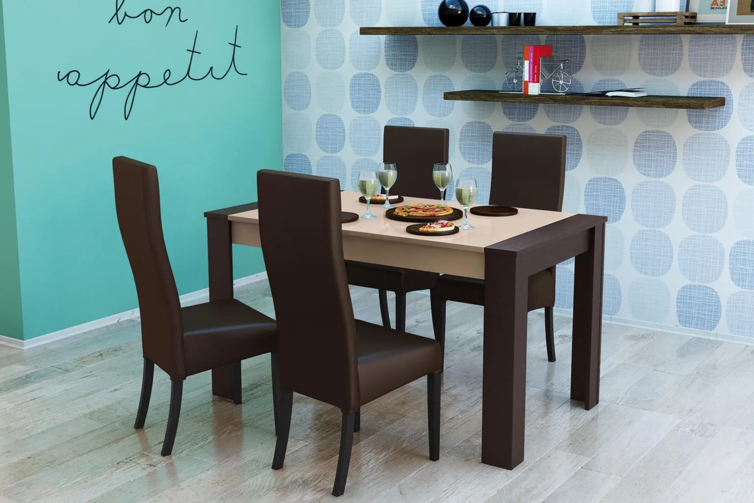 Masă Zeppelin L140 cm blat super lucios și 4 scaune Ergo