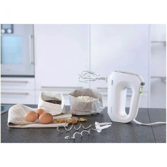 Mixer de mana Braun HM1010WH, 400 W, 4 viteze + Turbo, 2 palete, 2 carlige pentru aluat, Alb