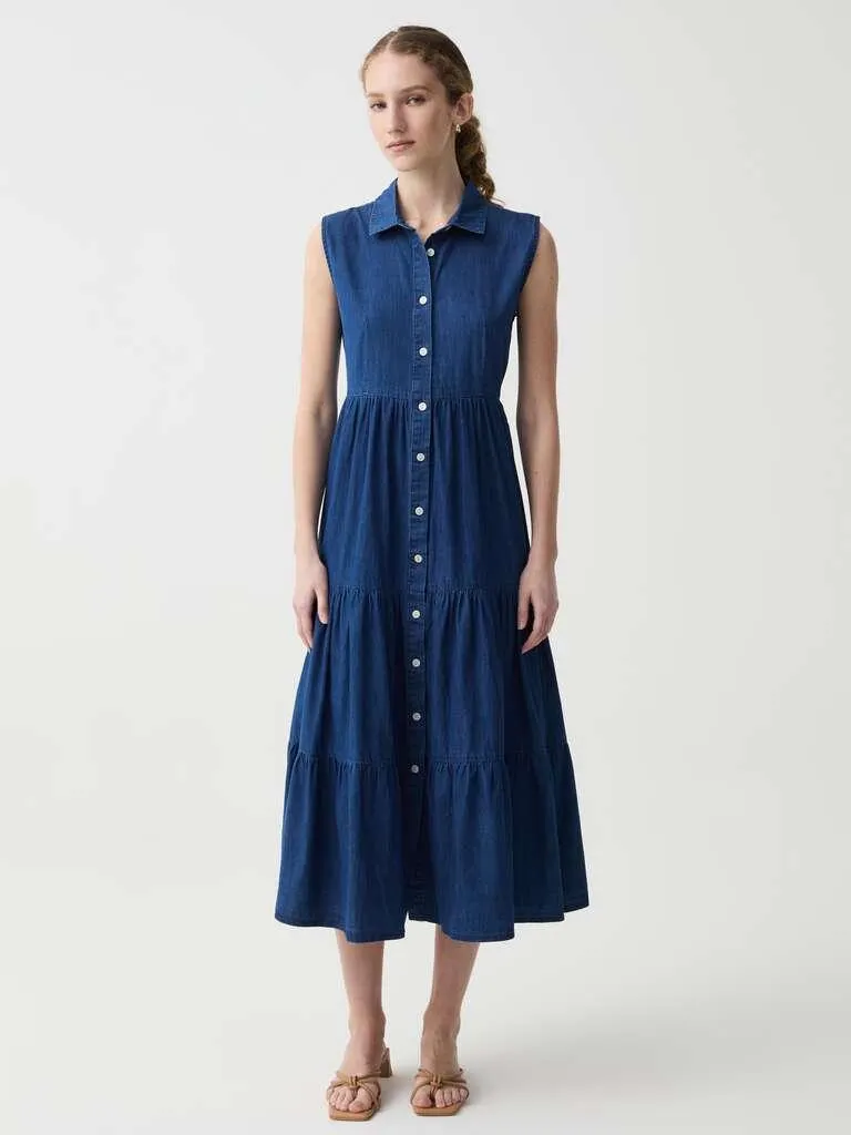 Denim Long tiered shirt dress in denim