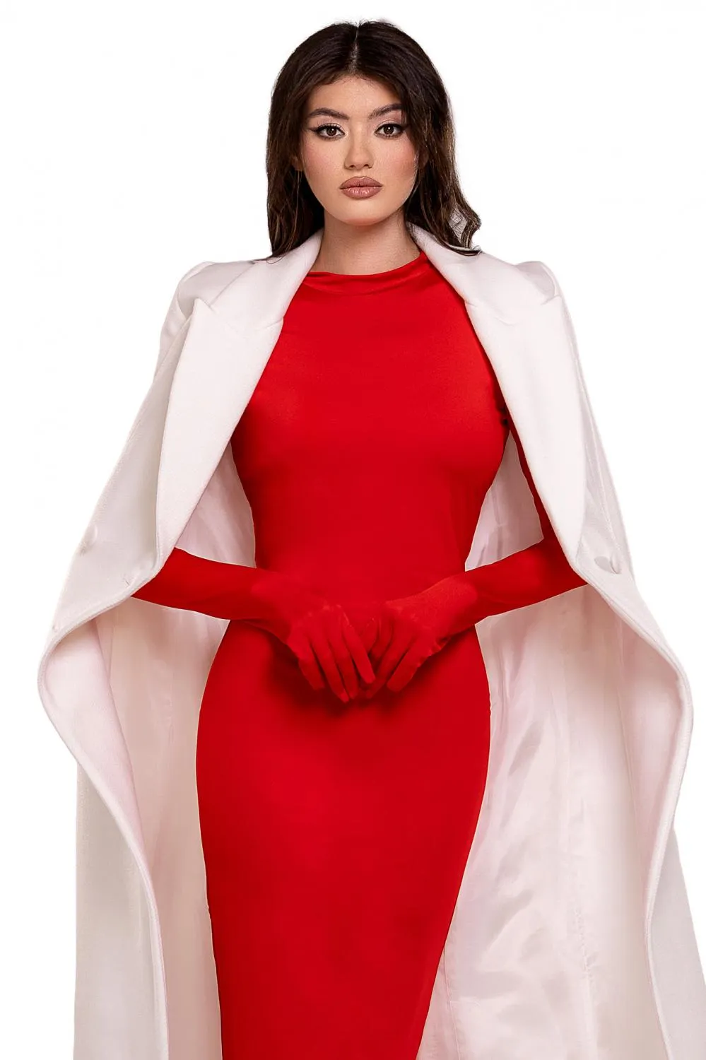 Rochie lunga rosie cu maneci tip manusi (livrare in 3 zile)