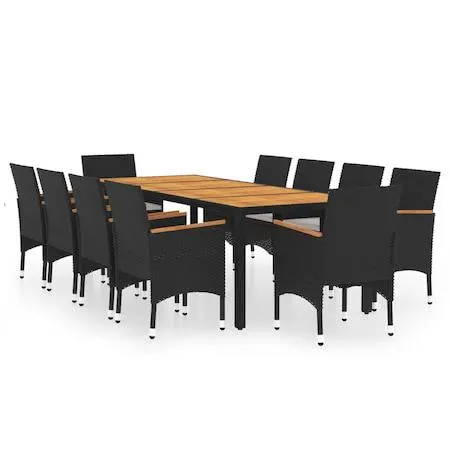 Set mobilier de gradina vidaXL, 11 piese, negru, poliratan, 250 x 100 x 75 cm, 68.09 kg