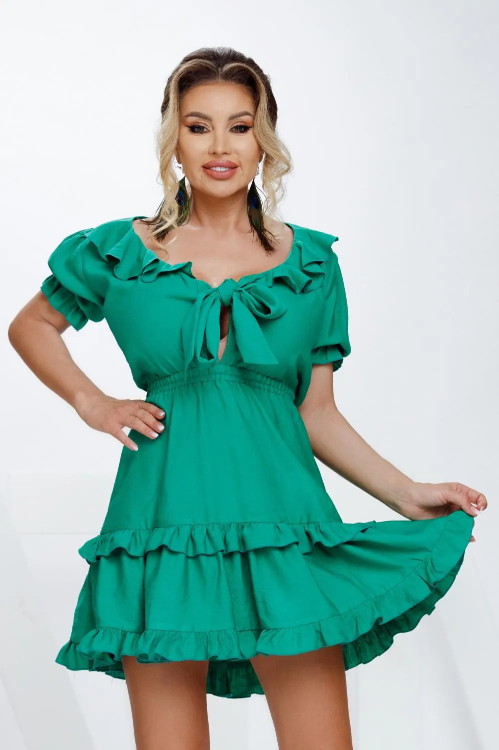 Rochie baby-doll verde cu volane