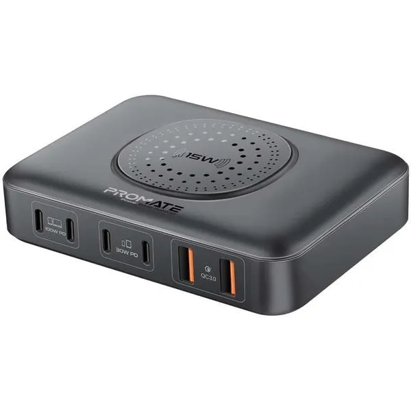 Statie incarcare wireless PROMATE PowerBase-GaN100, 4xUSB-C Power Delivery 30W-100W, 2xUSB-A Quick Charge 30W, Wireless 15W, negru