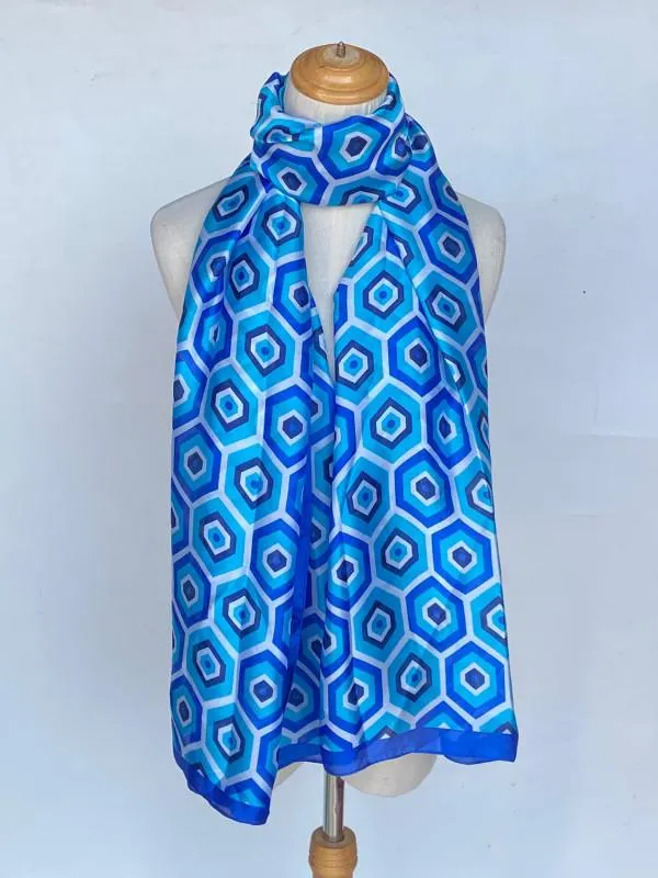 Esarfa dama bleu figuri geometrice din vascoza si matase de vara