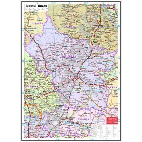 BUZAU-Judet+imprejurimi, harta de perete administrativa, rutiera, turistica, 70x100cm, laminata, baghete