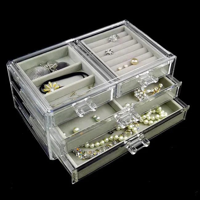 Suport Organizator pentru Cosmetice Transparent Acrilic Gri Velvet 4 spatii 24x13.5x13cm