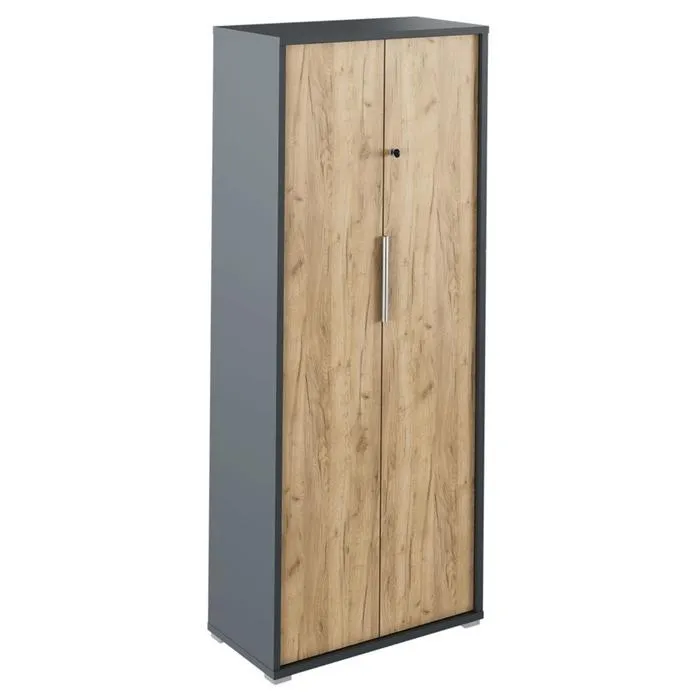 Dulap birou Rioma, 2 usi + 5 rafturi, gri grafit + stejar artisan, 75 x 38 x 182.6 cm, 3C