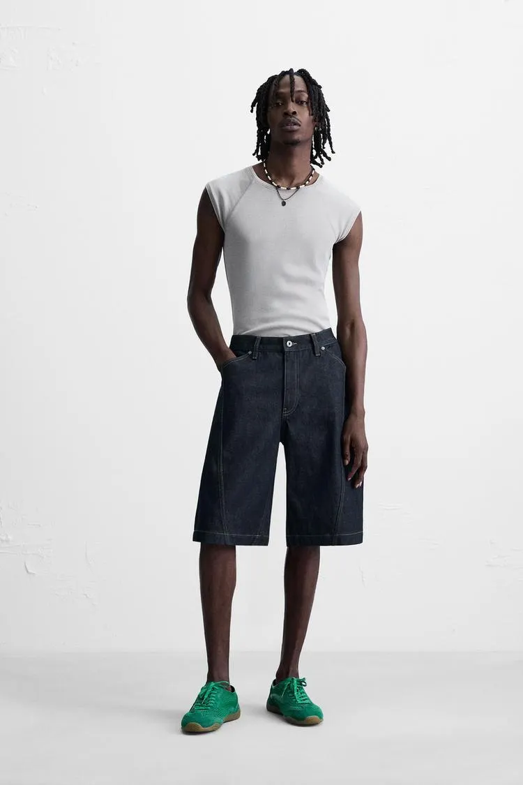 BERMUDE DENIM LARG CUSĂTURI DECORATIVE