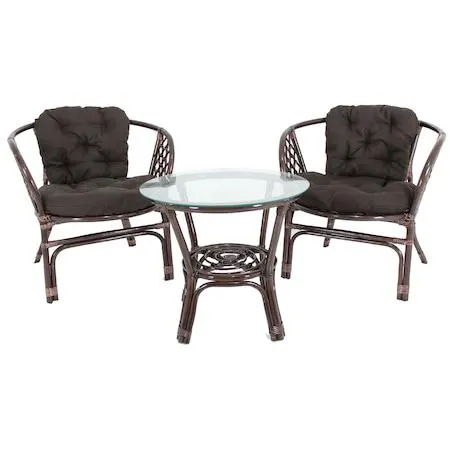 Set mobilier gradina cu 2 scaune si masa, Bahama Choco brown, Lemn/Sticla, perne incluse