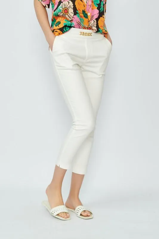 Pantaloni de dama din bumbac alb cu elastic