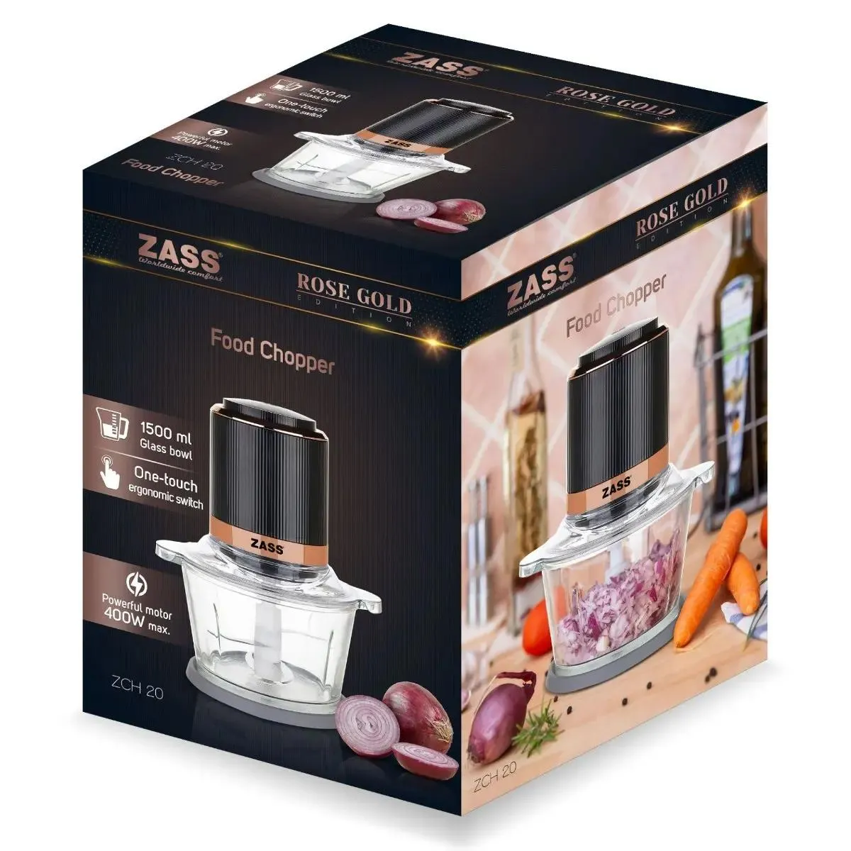 Tocator electric Zass ZCH 20, 1.5 litri, 400 W, Negru / Auriu