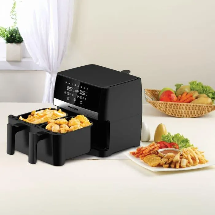 Friteuza dubla cu aer cald, Vision Chef VAFD2100N8, 7.6 litri, 2100 W, Termostat ajustabil, 8 programe presetate, Negru