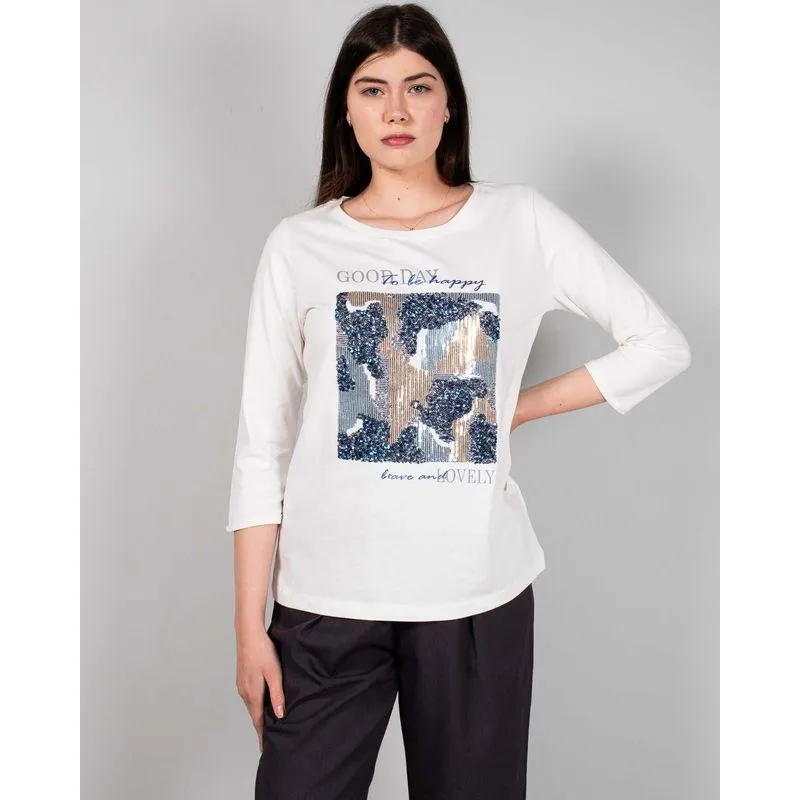 Bluza din bumbac cu paiete si maneca trei sferturi 23ALNC1011