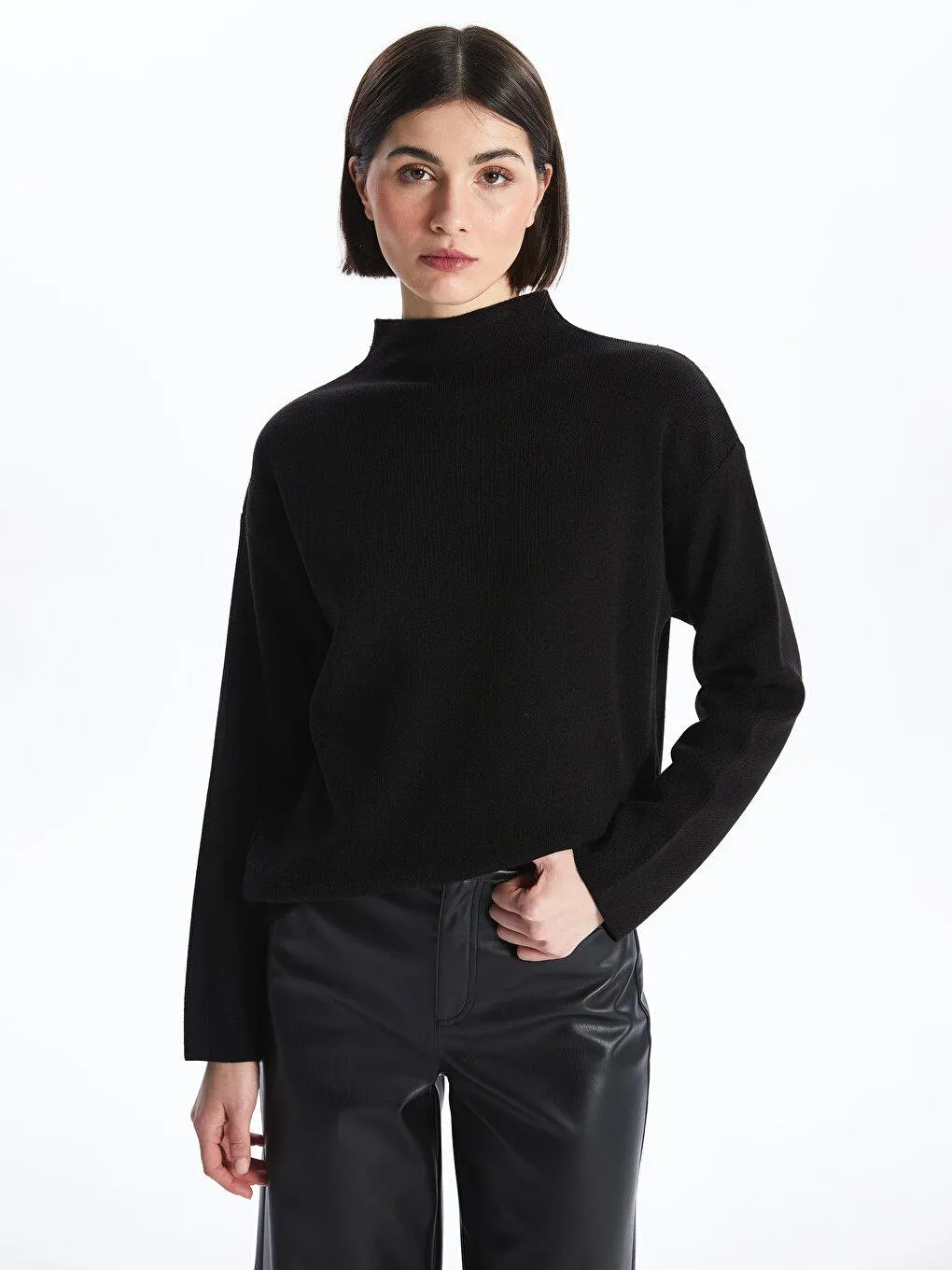 Pulover Tricotat Cu Mânecă Lungă Şi Cu Guler Drept ,Pentru Femei