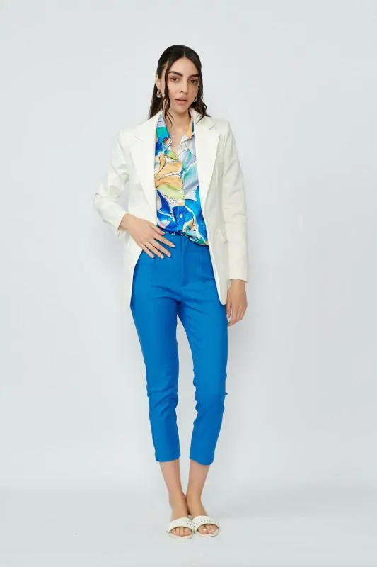 Pantaloni de dama din bumbac albastri cu talie inalta