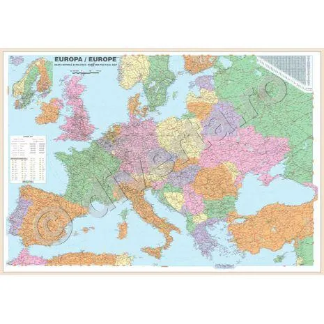 HARTA EUROPEI MAGNETICA INRAMATA 100x140cm, rama aluminiu cu suport magnetic si agatatori, politica, rutiera, scara 1:3.500.000