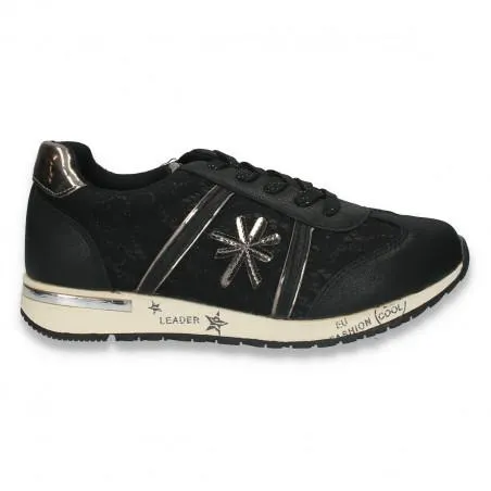 Sneakers fete fashion, cu dantela, negri - W117