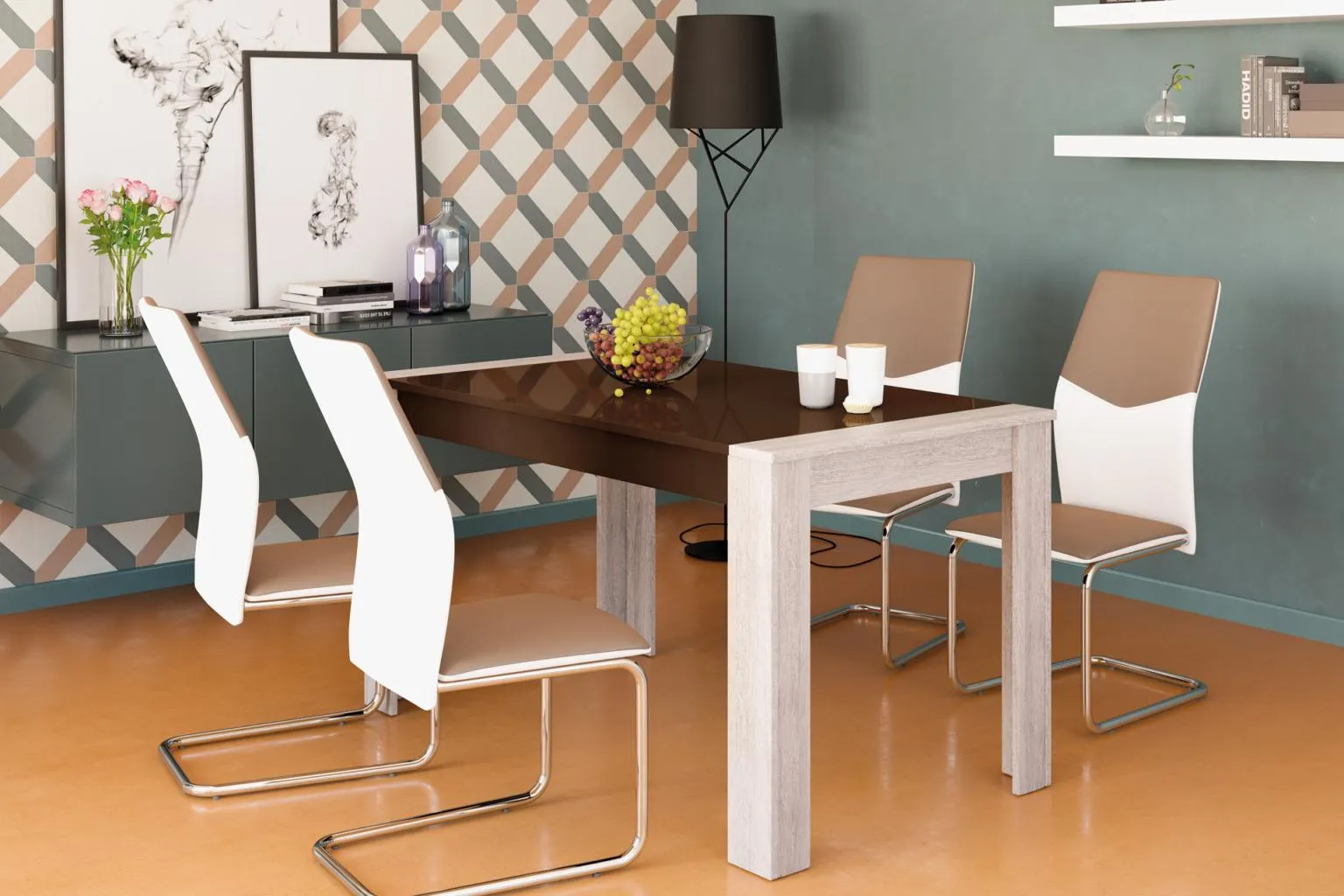 Masă Zeppelin L140 cm blat super lucios și 4 scaune Bueno