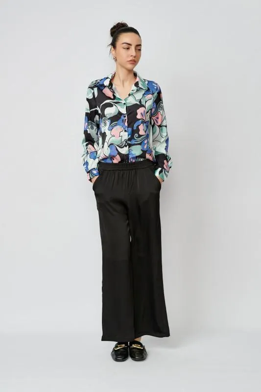 Pantaloni dama de vara negru din satin cu buzunare laterale