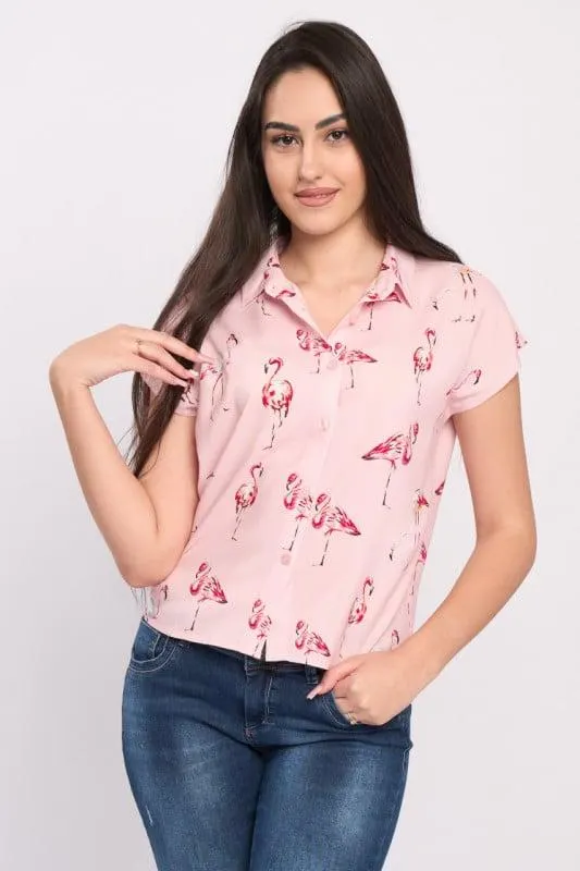 Timeout - Camasa dama maneca scurta cu imprimeu flamingo