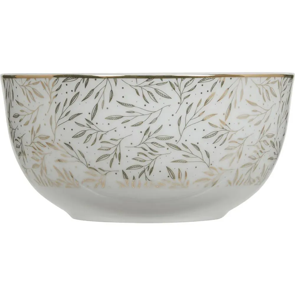 Bol cu model frunza Carrefour Home, portelan, 14 cm, Alb/Auriu