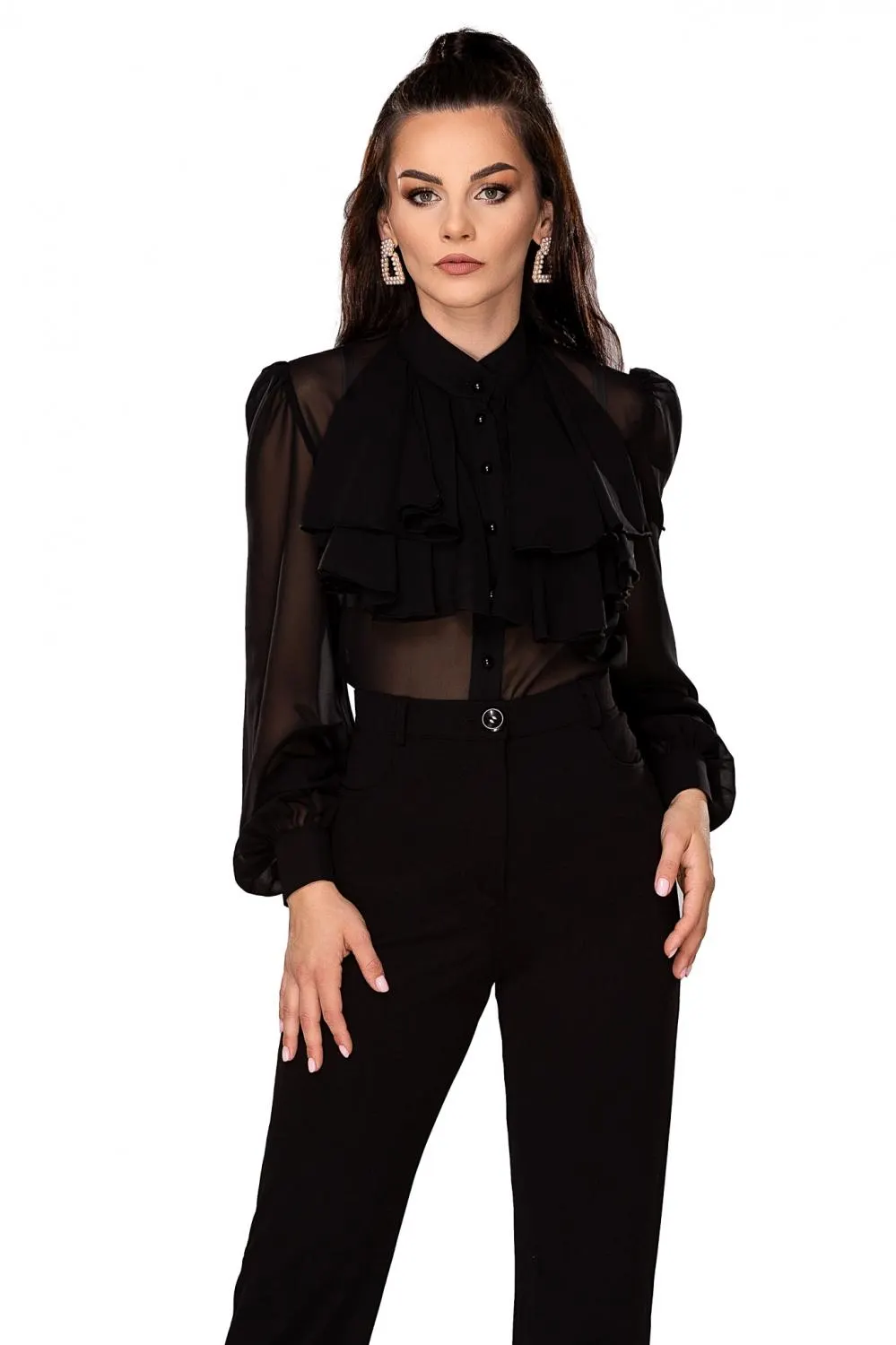 Camasa eleganta neagra cu volane