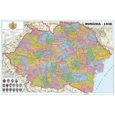 ROMANIA INTERBELICA (1938), harta de perete istorica, administrativa, 70x100cm, laminata, baghete