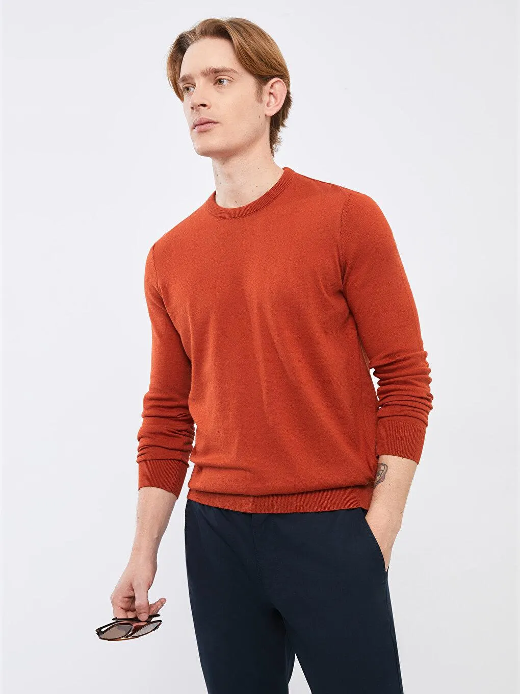 Pulover Tricotat Cu Mânecă Lungă, Cu Decolteu Rotund,Pentru Bărbați