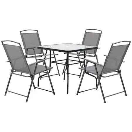 Set masa de exterior cu 4 scaune, Outsunny, Metal/Sticla, Gri